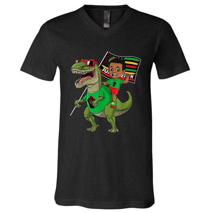 Juneteenth Black King Riding T Rex Dino Funny V-Neck T-Shirt