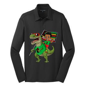 Juneteenth Black King Riding T Rex Dino Funny Silk Touch Performance Long Sleeve Polo