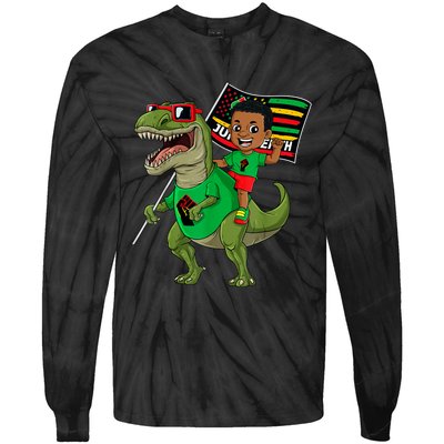 Juneteenth Black King Riding T Rex Dino Funny Tie-Dye Long Sleeve Shirt