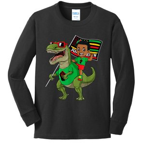 Juneteenth Black King Riding T Rex Dino Funny Kids Long Sleeve Shirt