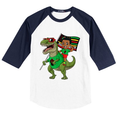 Juneteenth Black King Riding T Rex Dino Funny Baseball Sleeve Shirt