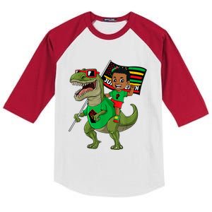 Juneteenth Black King Riding T Rex Dino Funny Kids Colorblock Raglan Jersey