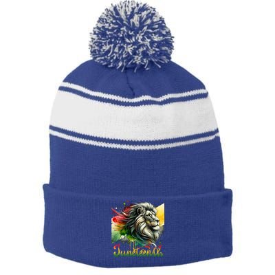 Junenth Black King Black Freedom Lion Face Gift Stripe Pom Pom Beanie