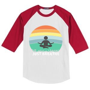 Just Breathe Meditation Peaceful Sitting Rainbow Funny Gift Kids Colorblock Raglan Jersey