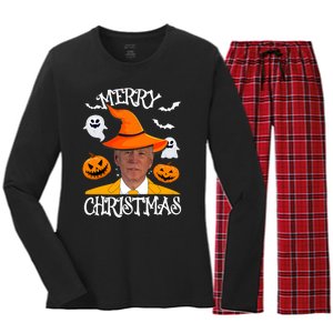 Joe Biden Merry Christmas Halloween Jokes Pumpkin Ghost Women's Long Sleeve Flannel Pajama Set 