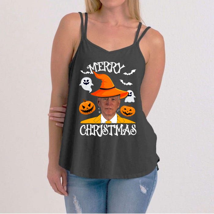 Joe Biden Merry Christmas Halloween Jokes Pumpkin Ghost Women's Strappy Tank