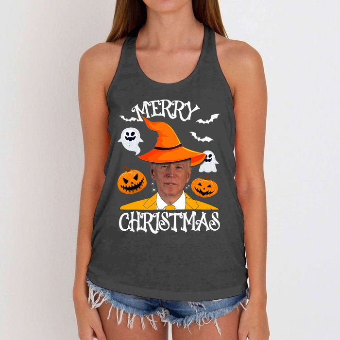 Joe Biden Merry Christmas Halloween Jokes Pumpkin Ghost Women's Knotted Racerback Tank