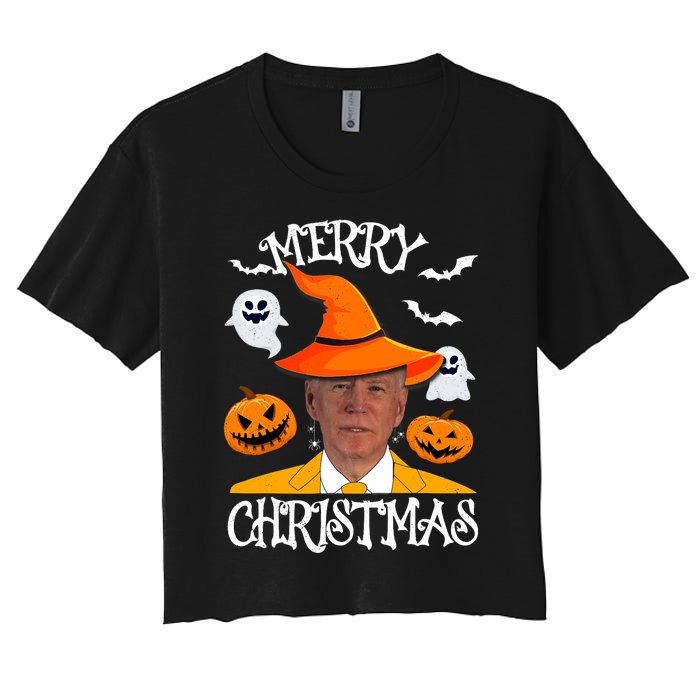 Joe Biden Merry Christmas Halloween Jokes Pumpkin Ghost Women's Crop Top Tee