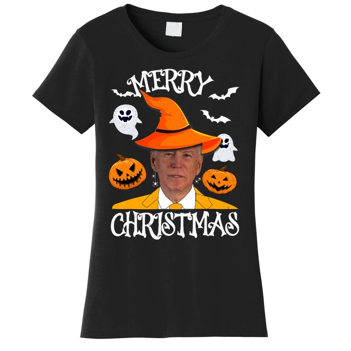 Joe Biden Merry Christmas Halloween Jokes Pumpkin Ghost Women's T-Shirt