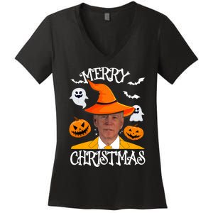 Joe Biden Merry Christmas Halloween Jokes Pumpkin Ghost Women's V-Neck T-Shirt