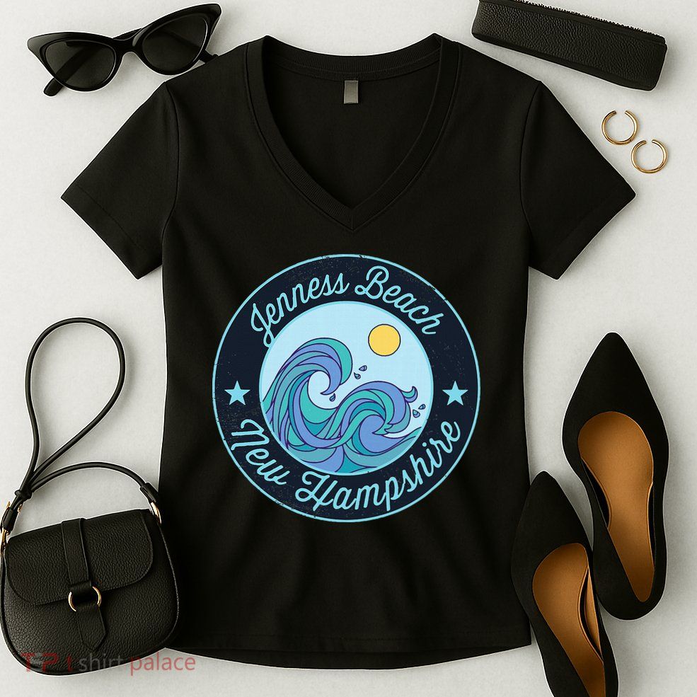 Jenness Beach Nh New Hampshire Souvenir Nautical Surfer Grap Women's V-Neck T-Shirt