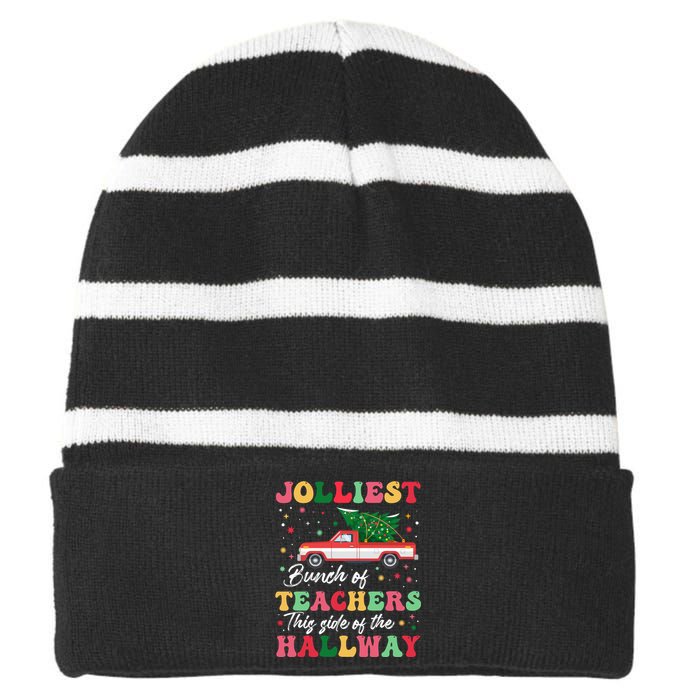 Jolliest Bunch Of Teachers This Side Of The Hallway Xmas Pj Striped Beanie with Solid Band