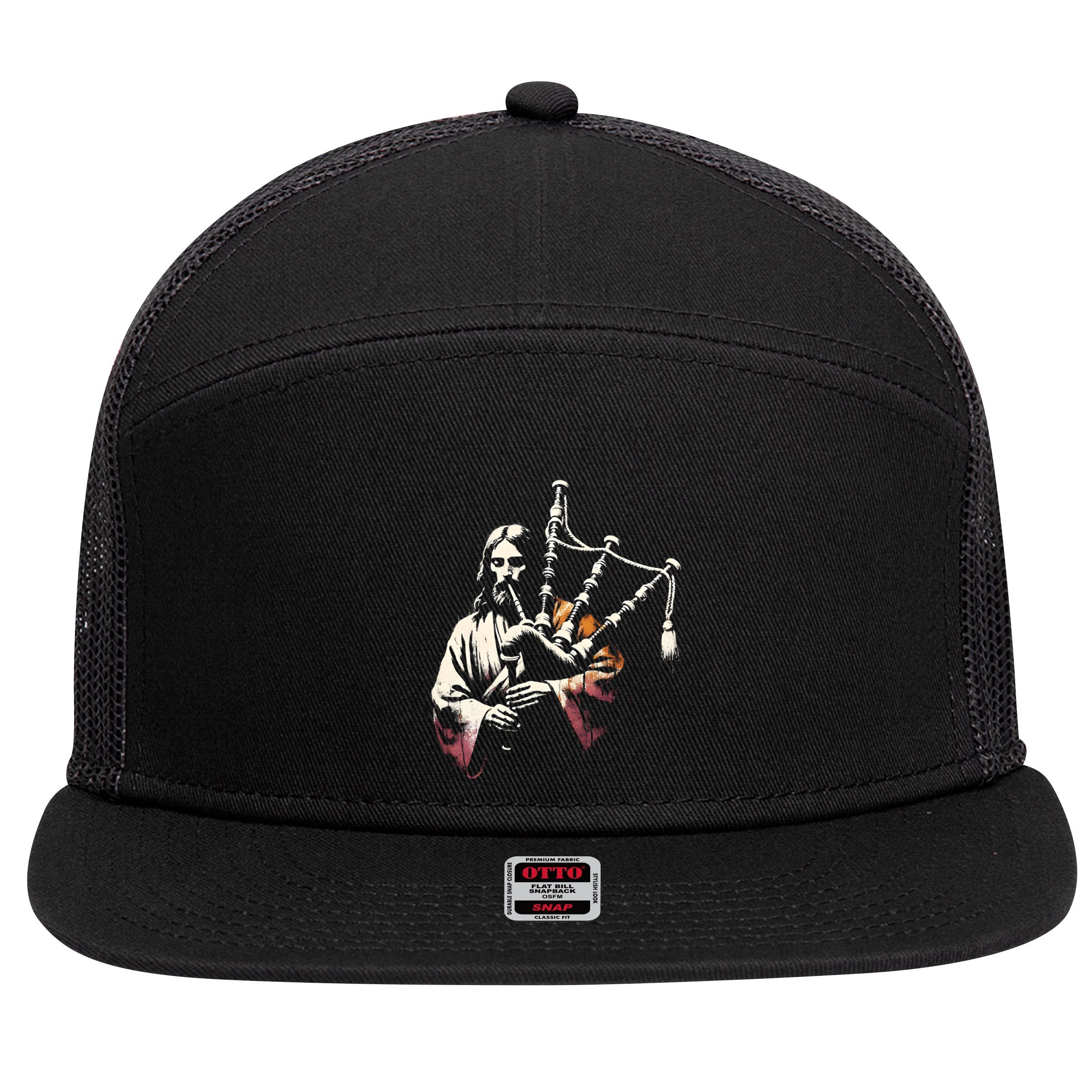 Jesus Bagpipe Player Funny Christian Religious Musician Gift 7 Panel Mesh Trucker Snapback Hat