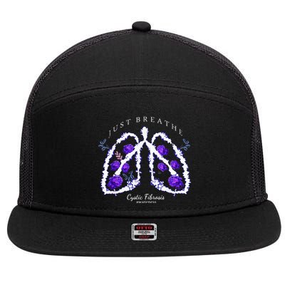 Just Breathe Purple Ribbon Cf Cystic Fibrosis Awareness 7 Panel Mesh Trucker Snapback Hat