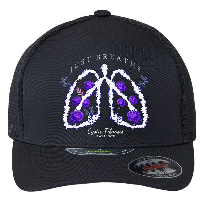 Just Breathe Purple Ribbon Cf Cystic Fibrosis Awareness Flexfit Unipanel Trucker Cap