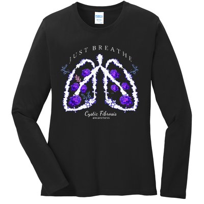 Just Breathe Purple Ribbon Cf Cystic Fibrosis Awareness Ladies Long Sleeve Shirt