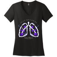 Just Breathe Purple Ribbon Cf Cystic Fibrosis Awareness Women's V-Neck T-Shirt