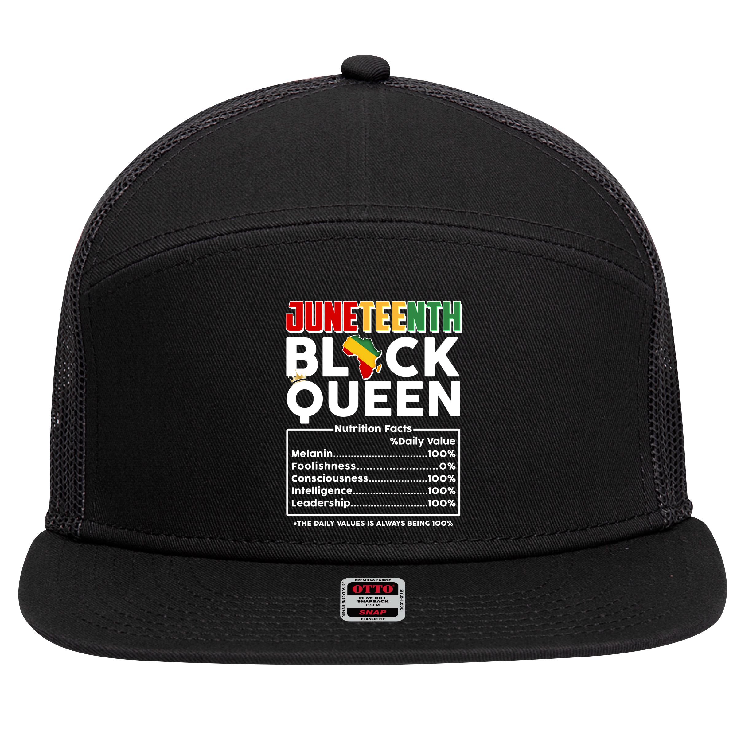 Juneteenth Black Queen Nutritional Facts 7 Panel Mesh Trucker Snapback Hat