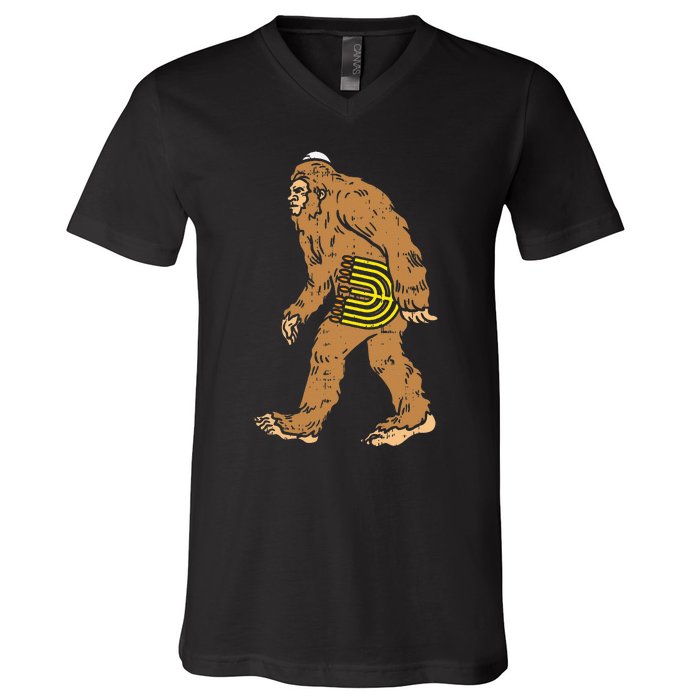 Jewish Bigfoot Sasquatch Carry Menorah Funny Hanukkah Gift  V-Neck T-Shirt