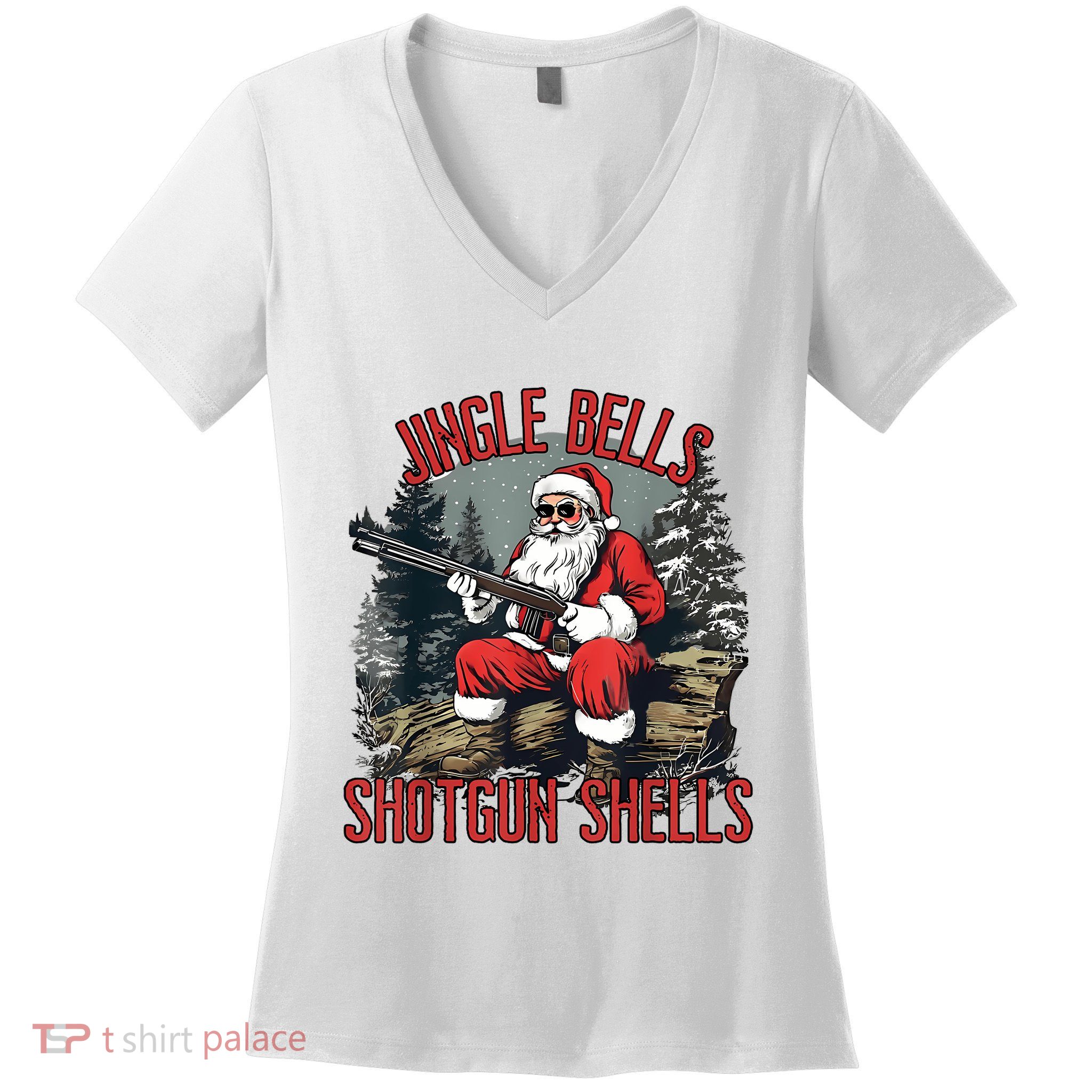 Jingle Bells Shotgun Shells Funny Santa Bruh Gun Women's V-Neck T-Shirt