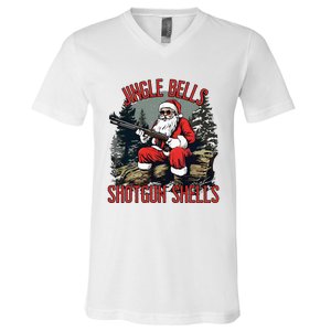 Jingle Bells Shotgun Shells Funny Santa Bruh Gun V-Neck T-Shirt