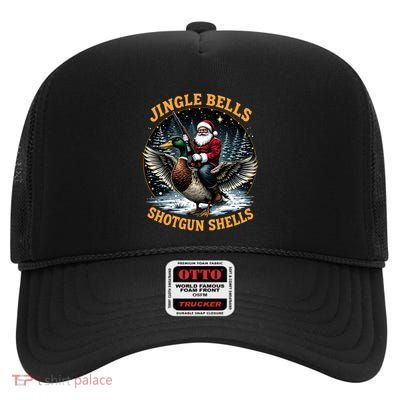 Jingle Bells Shotgun Shells Santa Hunting Humor Mallard Gift High Crown Mesh Back Trucker Hat