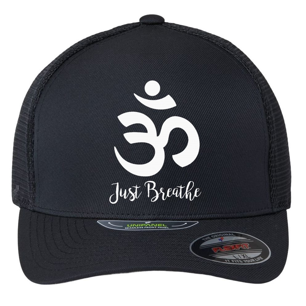Just Breathe Spiritual Yoga Symbol Namaste Flexfit Unipanel Trucker Cap