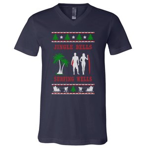 Jingle Bells Surfing Wells Ugly Christmas V-Neck T-Shirt