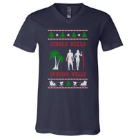 Jingle Bells Surfing Wells Ugly Christmas V-Neck T-Shirt