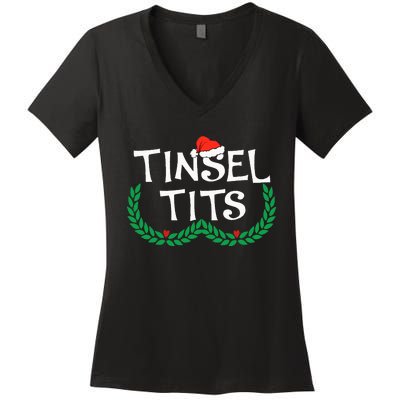 Jingle Balls Tinsel Tits Funny Couple Christmas Pajama Xmas Women's V-Neck T-Shirt