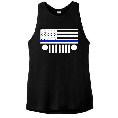 Blue Thin Line American Flag Car Off Roading Ladies PosiCharge Tri-Blend Wicking Tank