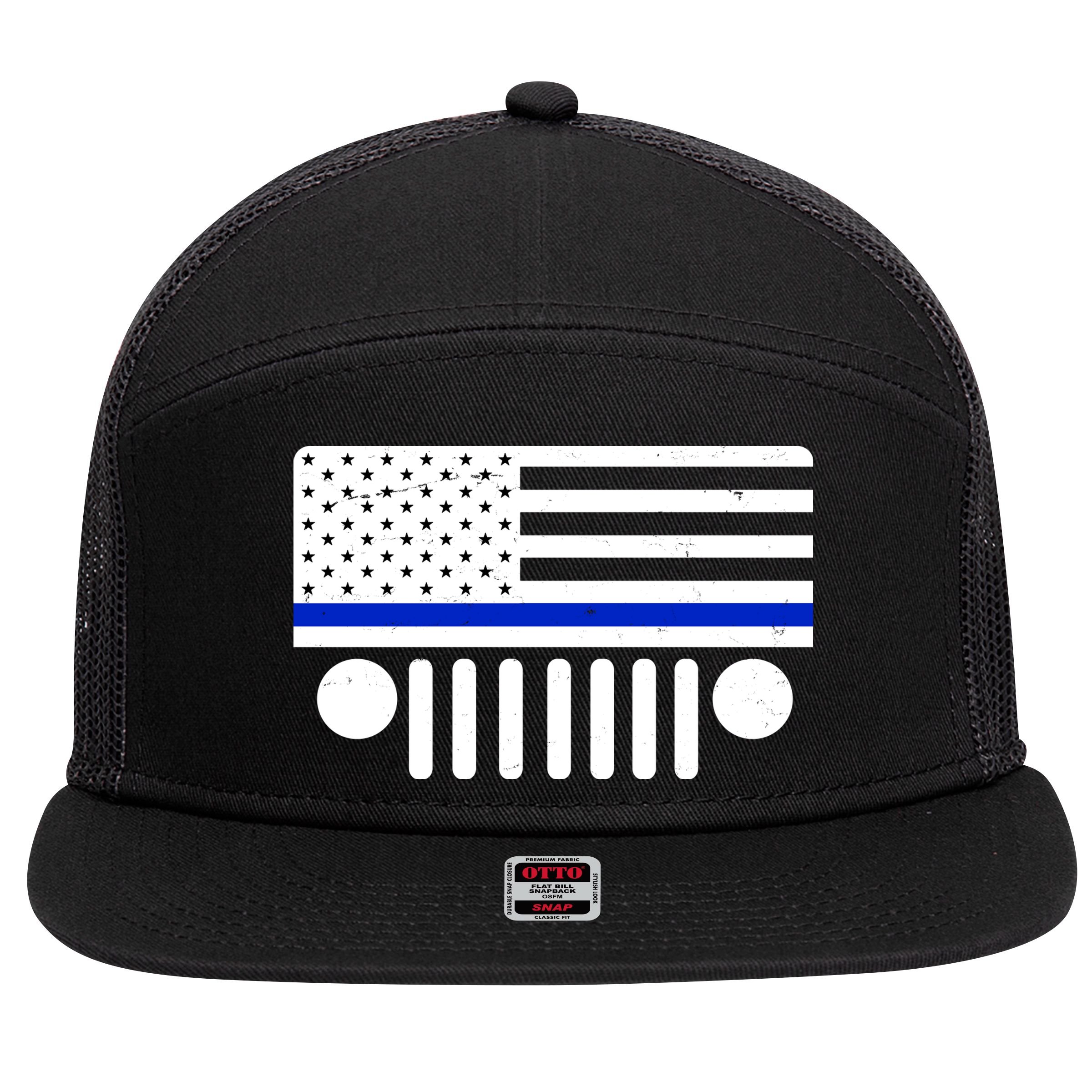 Blue Thin Line American Flag Car Off Roading 7 Panel Mesh Trucker Snapback Hat
