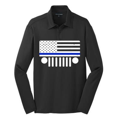 Blue Thin Line American Flag Car Off Roading Silk Touch Performance Long Sleeve Polo