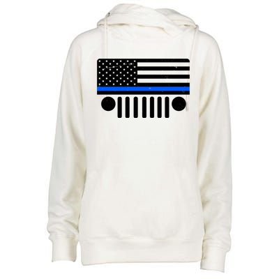 Blue Thin Line American Flag Car Off Roading Womens Funnel Neck Pullover Hood