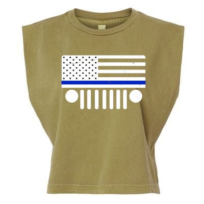 Blue Thin Line American Flag Car Off Roading Garment-Dyed Women's Muscle Tee