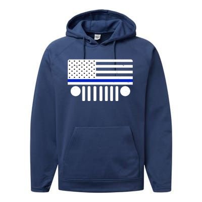 Blue Thin Line American Flag Car Off Roading Performance Fleece Hoodie