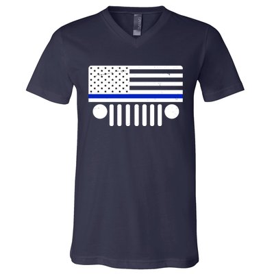 Blue Thin Line American Flag Car Off Roading V-Neck T-Shirt