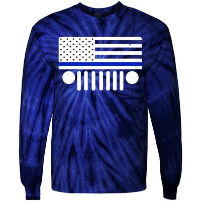 Blue Thin Line American Flag Car Off Roading Tie-Dye Long Sleeve Shirt