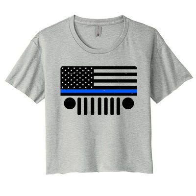 Blue Thin Line American Flag Car Off Roading Women's Crop Top Tee