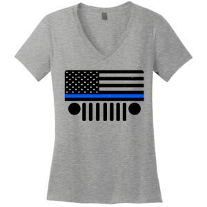 Blue Thin Line American Flag Car Off Roading Women's V-Neck T-Shirt