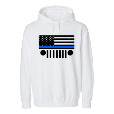 Blue Thin Line American Flag Car Off Roading Garment-Dyed Fleece Hoodie