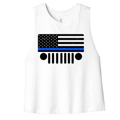 Blue Thin Line American Flag Car Off Roading Women's Racerback Cropped Tank