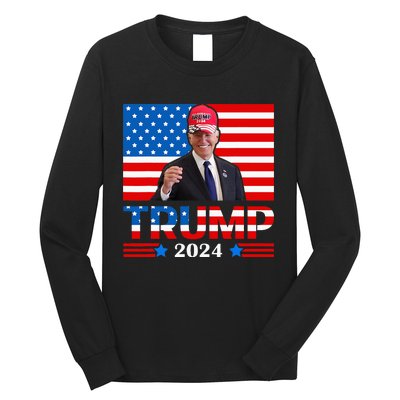 Joe Biden Wearing A Trump Hat Meme 2024 Election Vote Trump Long Sleeve Shirt