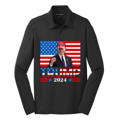 Joe Biden Wearing A Trump Hat Meme 2024 Election Vote Trump Silk Touch Performance Long Sleeve Polo