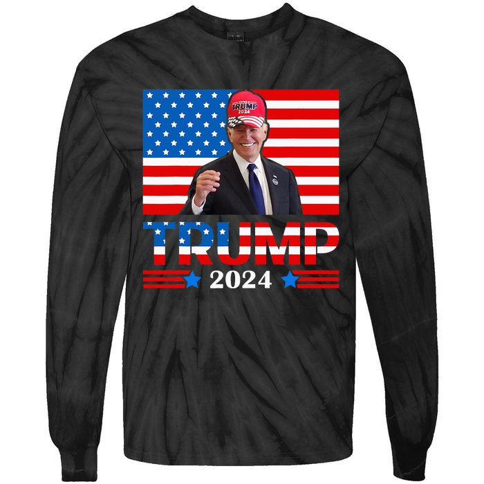 Joe Biden Wearing A Trump Hat Meme 2024 Election Vote Trump Tie-Dye Long Sleeve Shirt