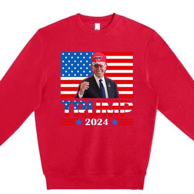 Joe Biden Wearing A Trump Hat Meme 2024 Election Vote Trump Premium Crewneck Sweatshirt