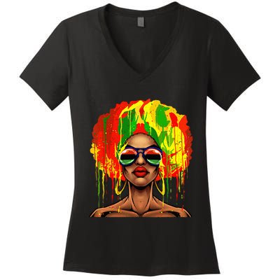 Juneteenth Black Wo Afro Hair Pop Art Black History Women's V-Neck T-Shirt