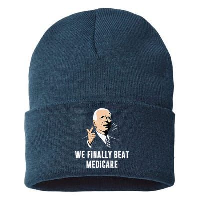 Joe Biden We Finally Beat Medicare Funny Anti Biden Sustainable Knit Beanie