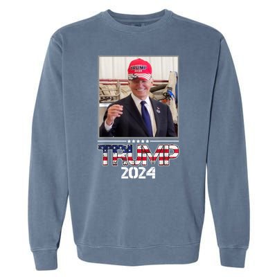 Joe Biden Wearing A Trump Hat Election 2024 Funny Garment-Dyed Sweatshirt