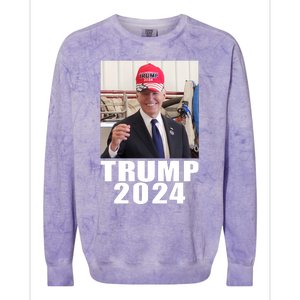 Joe Biden Wearing Trump 2024 Hat Colorblast Crewneck Sweatshirt